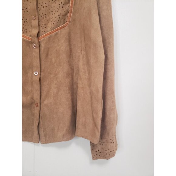 Claudia Richard Womens XL Blouse Faux Suede Cutout Floral Western Tan Button Up - Picture 3 of 6